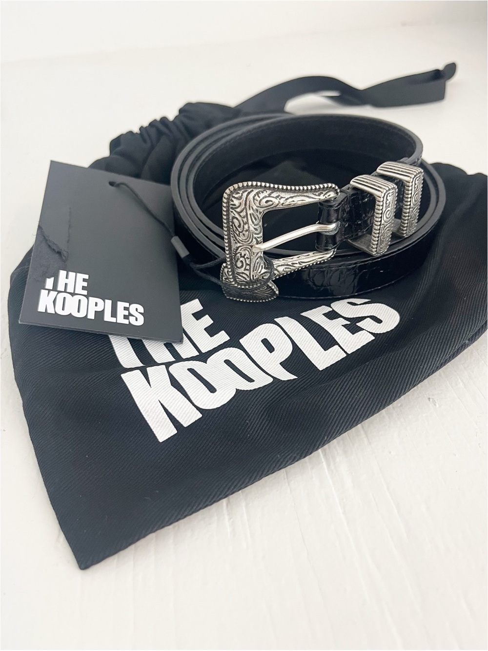 The Kooples Engraved Buckle Thin Black Leather Crocodile Belt Size Large NWT